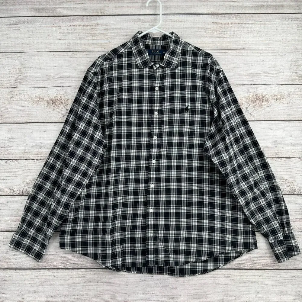 Polo Ralph Lauren Plaid Long Sleeve Button Down Shirt Mens XXL‎ Black Gray White